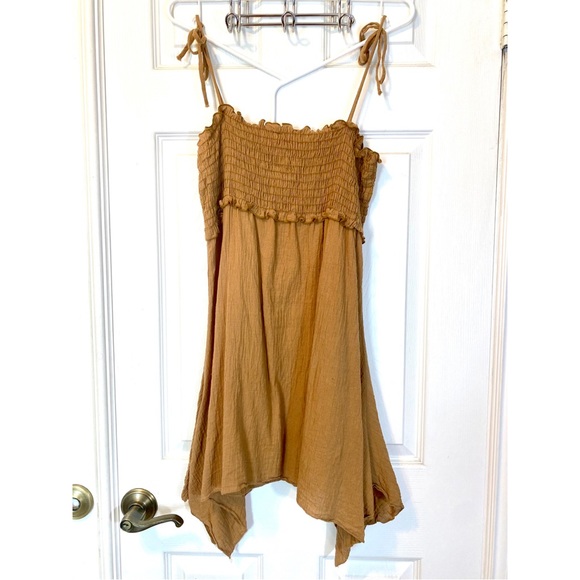 Boho Style ‘Tube Top’. Light Brown. Tie Straps. Sequined Butterflies. Long Tunic - Picture 2 of 6